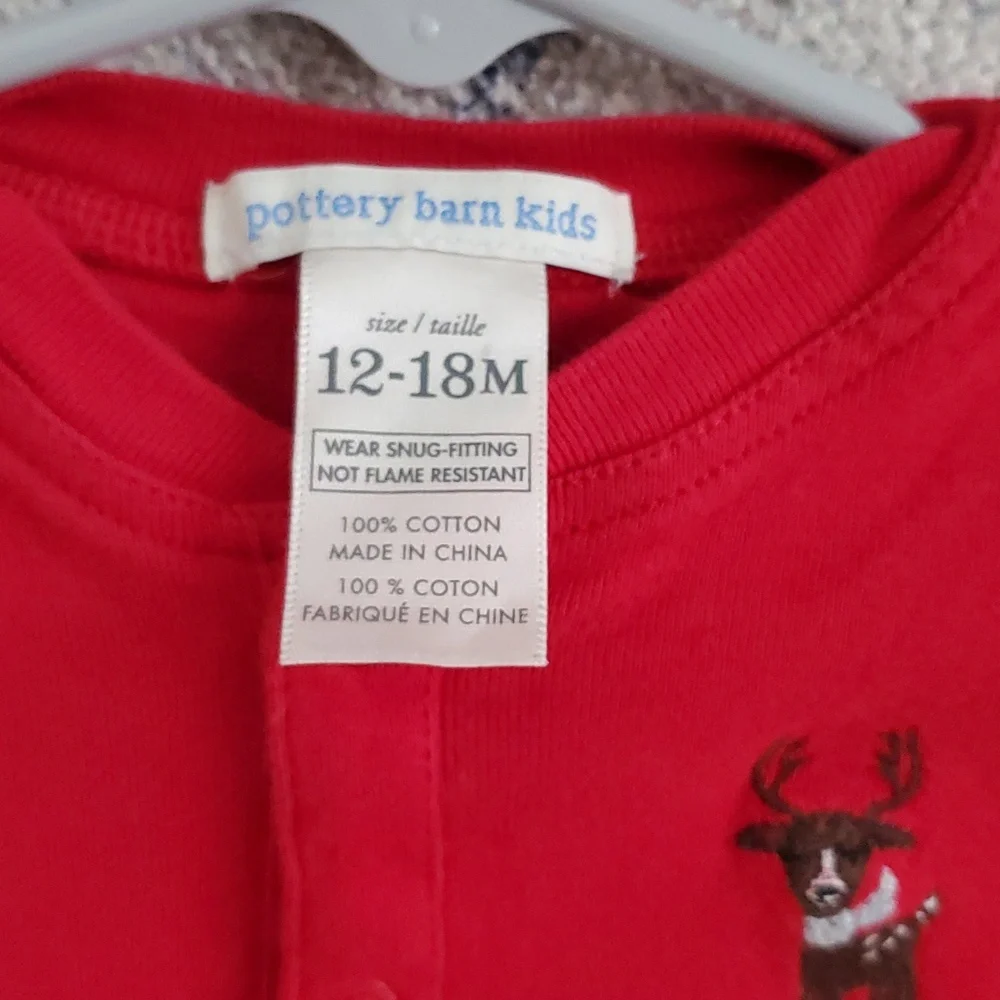 Pottery Barn Kids Unisex Embroidered Reindeer Red Pajamas Sz12-18m